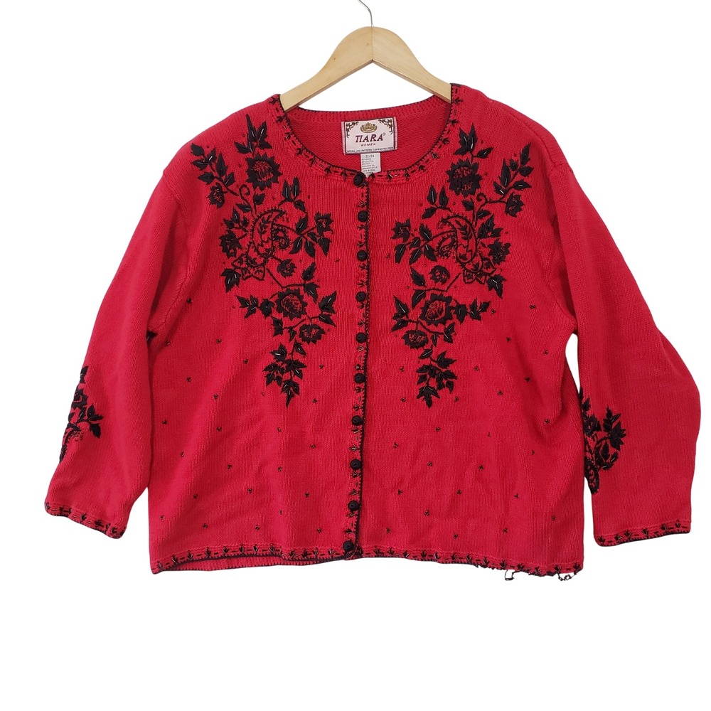 Tiara Cardigan Sweater Women‎ 22/24 Red Black Beaded Floral Embroidered Vintage